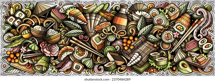 La ilustración del doodle de Sushi vector de dibujos animados presenta una variedad de objetos y símbolos de la cocina japonesa. Colores brillantes imagen graciosa caprichosa.