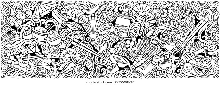 Cartoon vector Sushi doodle illustration features a variety of Japanese Cuisine objects and symbols. Sketchy whimsical funny picture.