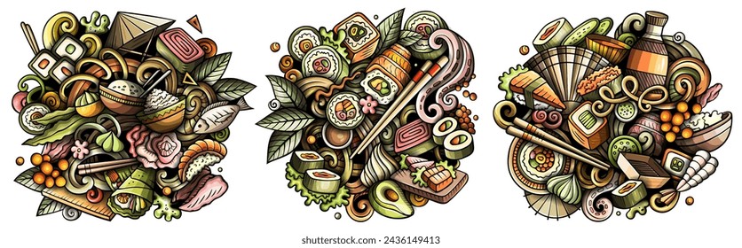 Cartoon vector Sushi doodle illustration features a variety of Japanese Cuisine objects and symbols. Bright colors whimsical funny picture.
