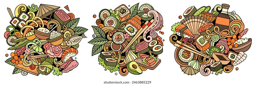 Cartoon vector Sushi doodle illustration features a variety of Japanese Cuisine objects and symbols. Bright colors whimsical funny picture.