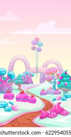 Cartoon vector sweet landscape. Vertical fantasy background for game design.