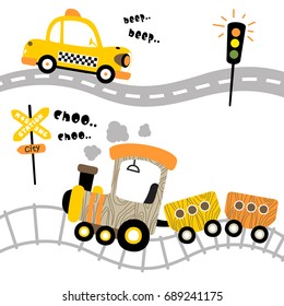 Cartoon vector of taxi on the road with steam train on railway, transportation elements