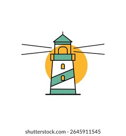 A cartoon vector of a teal and white striped lighthouse, featuring a light beam and a warm yellow circular backdrop, symbolizing guidance and coastal safety.