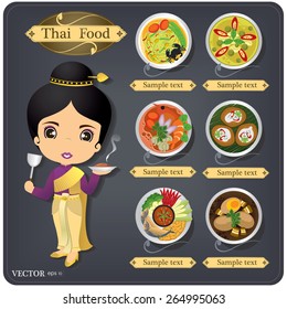 cartoon vector thai chef girl in thai dress & thai food menu