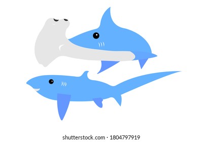 Cartoon vector of Thresher Shark and Head-hammer Shark