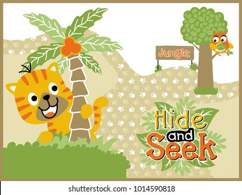 Cartoon vector of tiger and owl playing hide and seek in forest