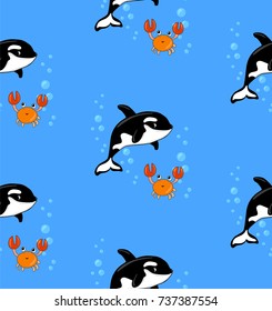 Cartoon vector tile of whale, bubbles and crab on blue background