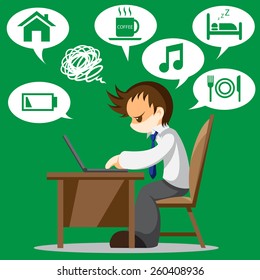 Cartoon vector of tired office worker with icon