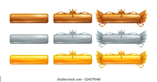 Cartoon vector title banners set for epic game design. Bronze, silver and golden ranking frames. Isolated on white.