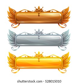 Cartoon vector title banners set for epic game design. Bronze, silver and golden frames. Isolated on white.