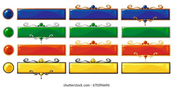 Cartoon vector title colorful banners set for fantasy game design. Bronze, silver and golden ranking frames with gemstones. Isolated on white background.
