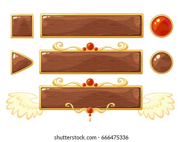 Cartoon vector title wood banners set for fantasy game design. Bronze, silver and golden ranking frames with gemstones. Isolated on white background.