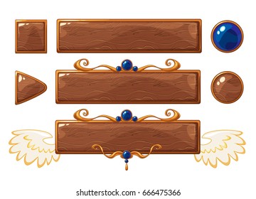 Cartoon vector title wood banners set for fantasy game design. Bronze, silver and golden ranking frames with gemstones. Isolated on white background.