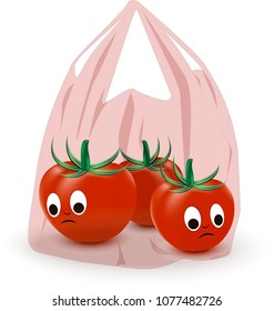 Cartoon vector tomatoes with sad faces inside red plastic bag. Ecology problem