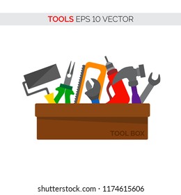 Cartoon vector tool box of various repair and carpentry tools. Vector illustration for your graphic design.