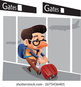 Karikaturenvektor eines Touristen, der einen Koffer nach Gates schiebt.