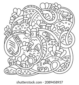 Cartoon vector town. Coloring page. Country landscape with trees , Little house and road. Play Mat, Board game, poster for children's room. Hand drawn illustration.