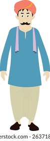 Cartoon Vector of Traditional Indian Man in Front View | Desi Folk Male with Mustache, Turban, and Dhoti for Animation Projects, Motion Graphics, Comics, and Character Design Scenes

