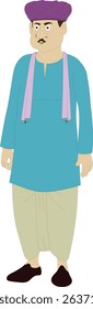 Cartoon Vector of Traditional Indian Man Wearing Dhoti Kurta and Turban | Desi Village Character Front View for Animation, Comics, Explainer Videos, and 2D Character Rigging


