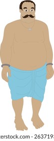 Cartoon Vector of Traditional Indian Wrestler Man in Blue Langot with Mustache and Necklace | Desi Strongman Character for Animation Projects, 2D Rigging, Storytelling, and Cultural Games

