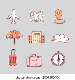 Cartoon vector travel concept illustration in flat style. Object on travel journey discovery. Such as Airplane, map, location, beach umbrella, hotel, weather, cloud, luggage, compass.