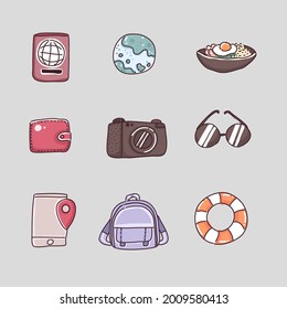 Cartoon vector travel concept illustration in flat style. Object on travel journey discovery. Such as Passport, globe, noodles, wallet, camera, sunglasses, cell phone, backpack, lifebuoy.