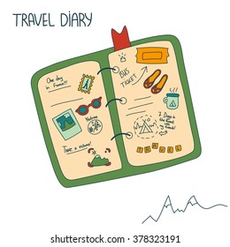 Cartoon Vector Travel Diary With Handwritten Notes On The Isolated Background