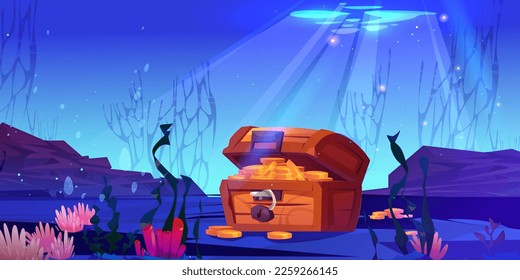 Cartoon vector treasure chest underwater in ocean. Light throuh water on hidden box with gold coins on seabed background illustration. Deep undersea adventure for lost treasury and trophy.