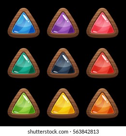 Cartoon vector triangle buttons set with colorful middles in wooden frame, isolated on black background.