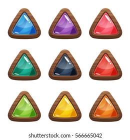 Cartoon vector triangle buttons set with colorful middles in wooden frame, isolated on white background.