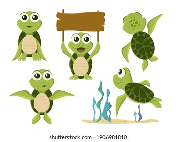 Cartoon vector turtle in various action poses. Cartoon turtle. Cute tortoise wild animal vector characters isolated.