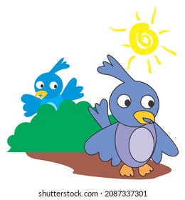 cartoon vector, two birds playing hide and seek