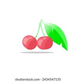 Cartoon vector of two cute cherries on a stalk complete with leaves.