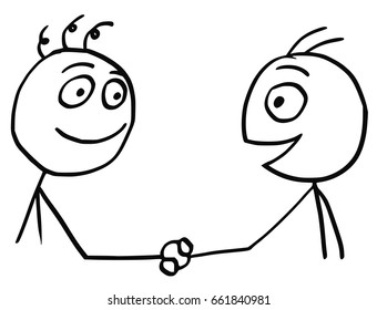 Cartoon vector of two friendly men shaking their hands.