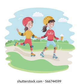 Cartoon vector two funny cute little girl riding roller skates. Rollerblading kid girl. Friends in summer park
