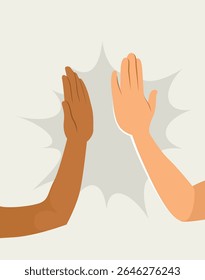 Cartoon vector of two hands from different ethnicities making high five gesture illustration. Symbol of celebration, unity and teamwork on a beige background