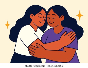 Cartoon vector of two women gently hugging with eyes closed, surrounded by glowing stars. Represents empathy, calm support, or a peaceful connection.