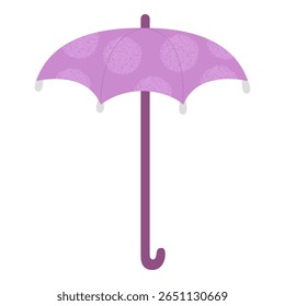 Guarda-chuva de vetor de desenhos animados com padrão de bolinhas e punho. Ilustração plana isolada sobre fundo branco. Acessório bonito e elegante dia chuvoso roxo.