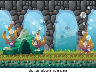 cartoon vector underwater background with separated layers for game art and animation game design asset in 2d graphic