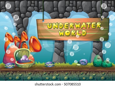 cartoon vector underwater background with separated layers for game art and animation game design asset in 2d graphic