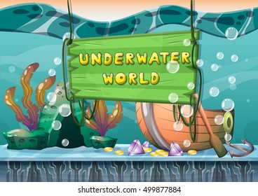 cartoon vector underwater treasure background with separated layers for game art and animation game design asset in 2d graphic