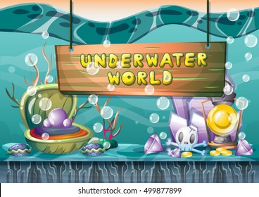 cartoon vector underwater treasure background with separated layers for game art and animation game design asset in 2d graphic