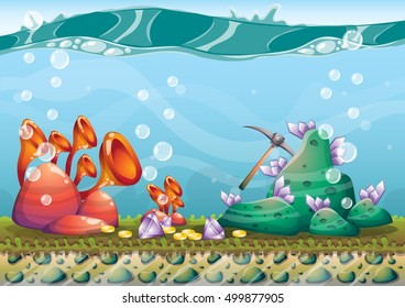 cartoon vector underwater treasure background with separated layers for game art and animation game design asset in 2d graphic