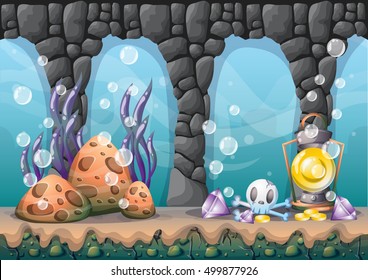 cartoon vector underwater treasure background with separated layers for game art and animation game design asset in 2d graphic