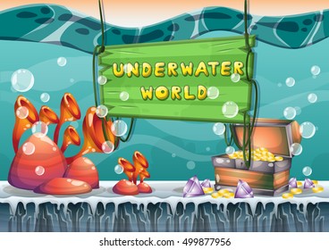 cartoon vector underwater treasure background with separated layers for game art and animation game design asset in 2d graphic