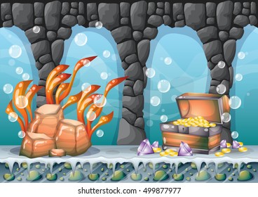 cartoon vector underwater treasure background with separated layers for game art and animation game design asset in 2d graphic