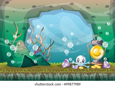 cartoon vector underwater treasure background with separated layers for game art and animation game design asset in 2d graphic