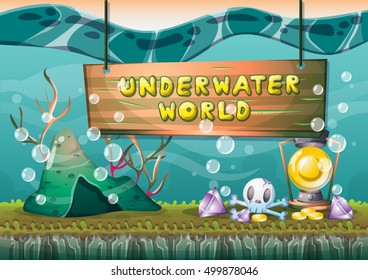 cartoon vector underwater treasure background with separated layers for game art and animation game design asset in 2d graphic