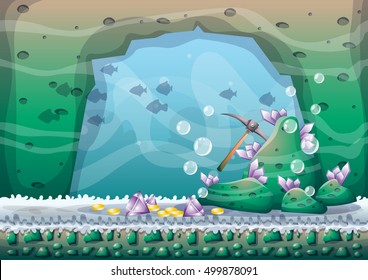 cartoon vector underwater treasure background with separated layers for game art and animation game design asset in 2d graphic