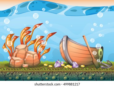 cartoon vector underwater treasure background with separated layers for game art and animation game design asset in 2d graphic